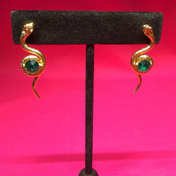 Jewelry - Golden Snakes with Green Rhinestones Drop Earrings